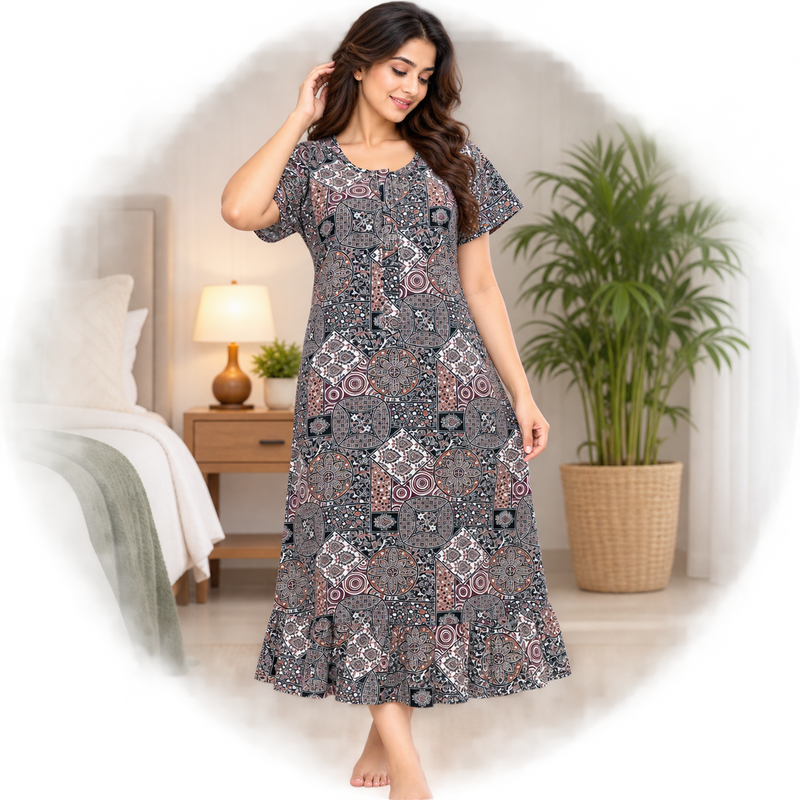 Veni’s Women’s Cotton Printed Frock Nighty – Multicolor Geometric Floral Print