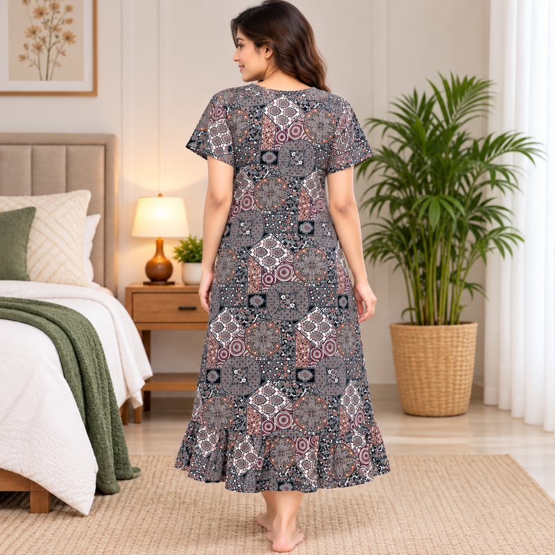 Veni’s Women’s Cotton Printed Frock Nighty – Multicolor Geometric Floral Print
