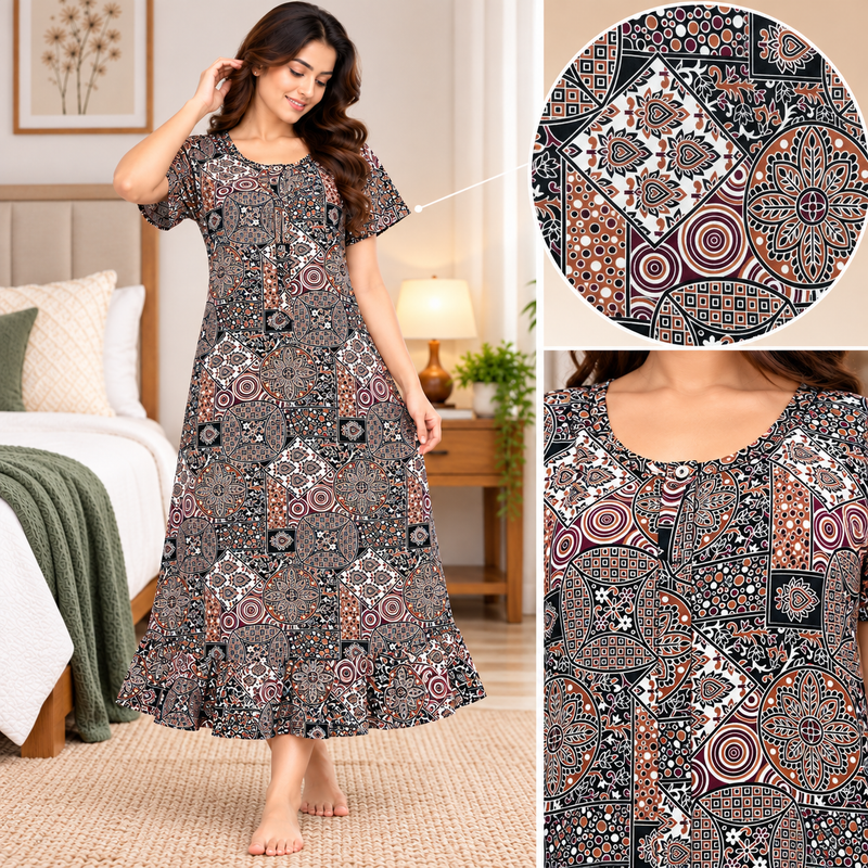 Veni’s Women’s Cotton Printed Frock Nighty – Multicolor Geometric Floral Print