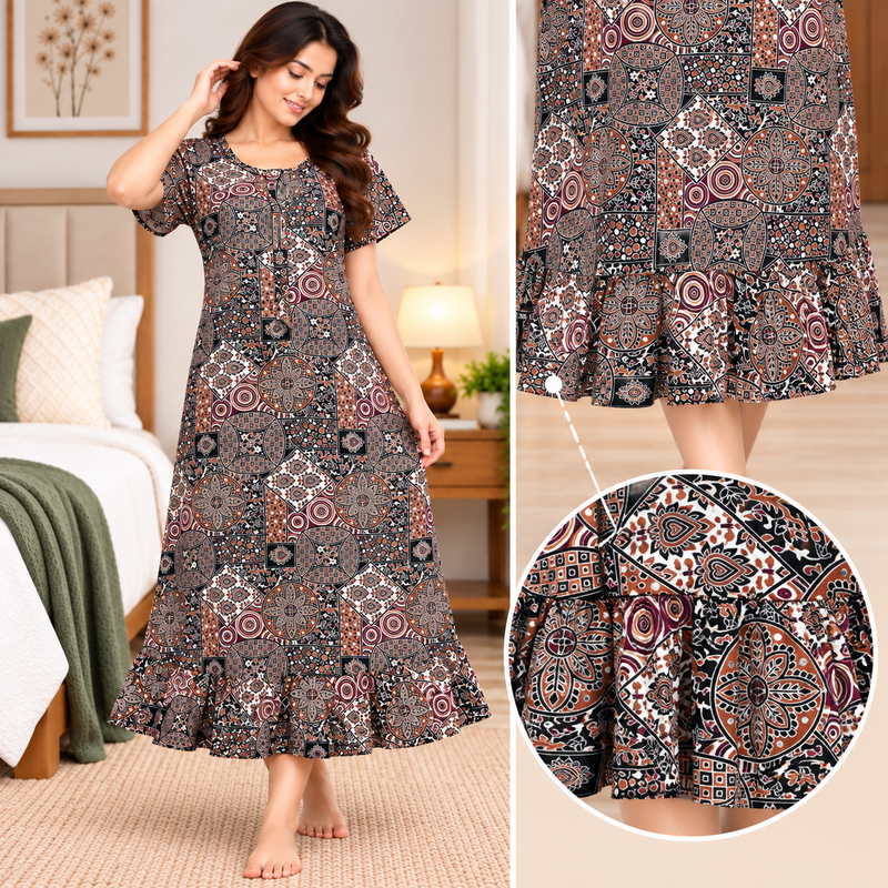 Veni’s Women’s Cotton Printed Frock Nighty – Multicolor Geometric Floral Print