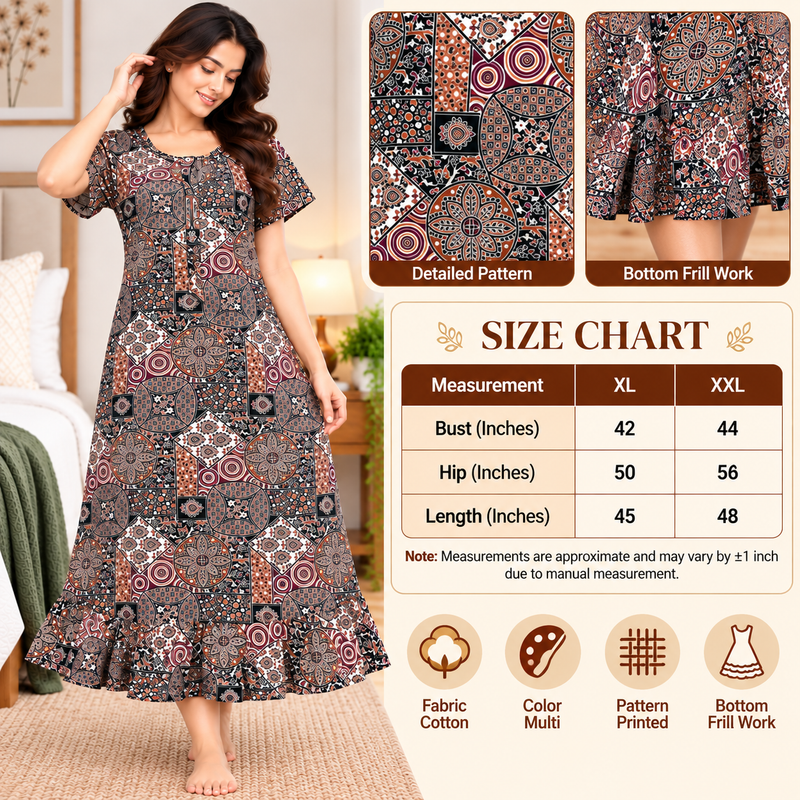 Veni’s Women’s Cotton Printed Frock Nighty – Multicolor Geometric Floral Print