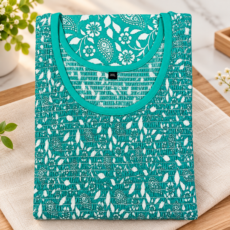 Teal Green Floral Printed Stretchable Women’s Nighty with One Side Pocket