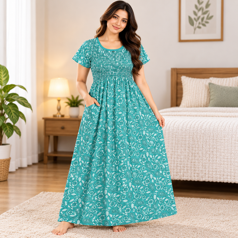 Teal Green Floral Printed Stretchable Women’s Nighty with One Side Pocket
