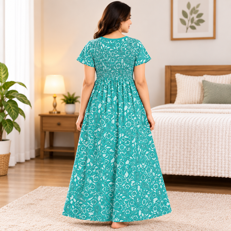 Teal Green Floral Printed Stretchable Women’s Nighty with One Side Pocket