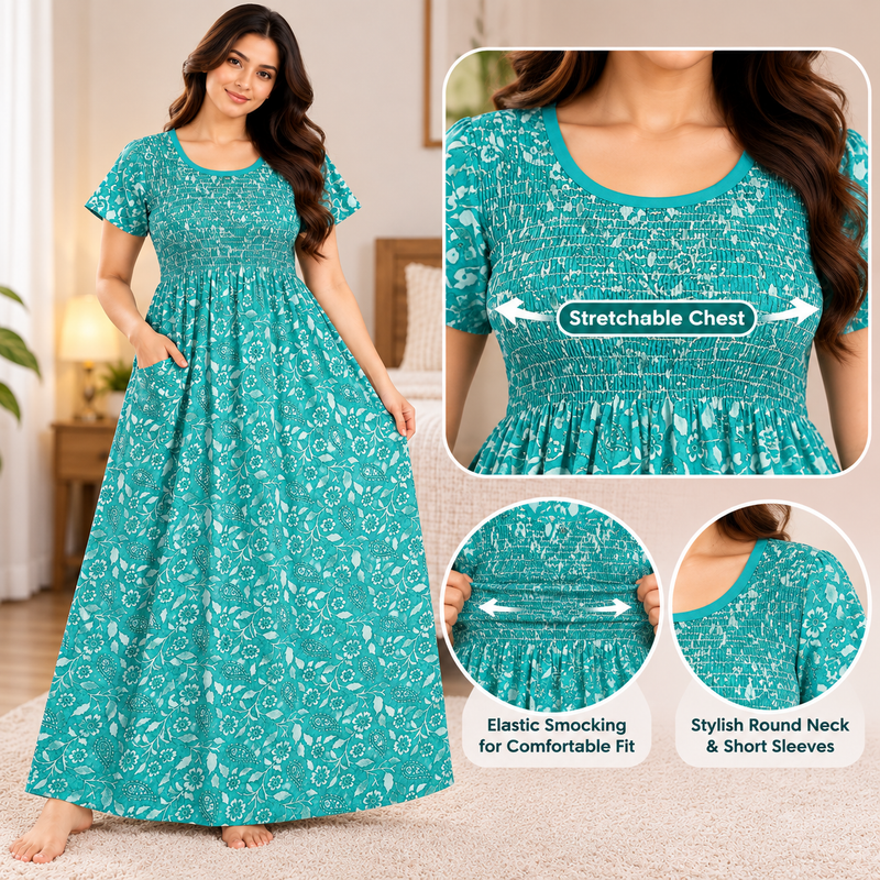 Teal Green Floral Printed Stretchable Women’s Nighty with One Side Pocket