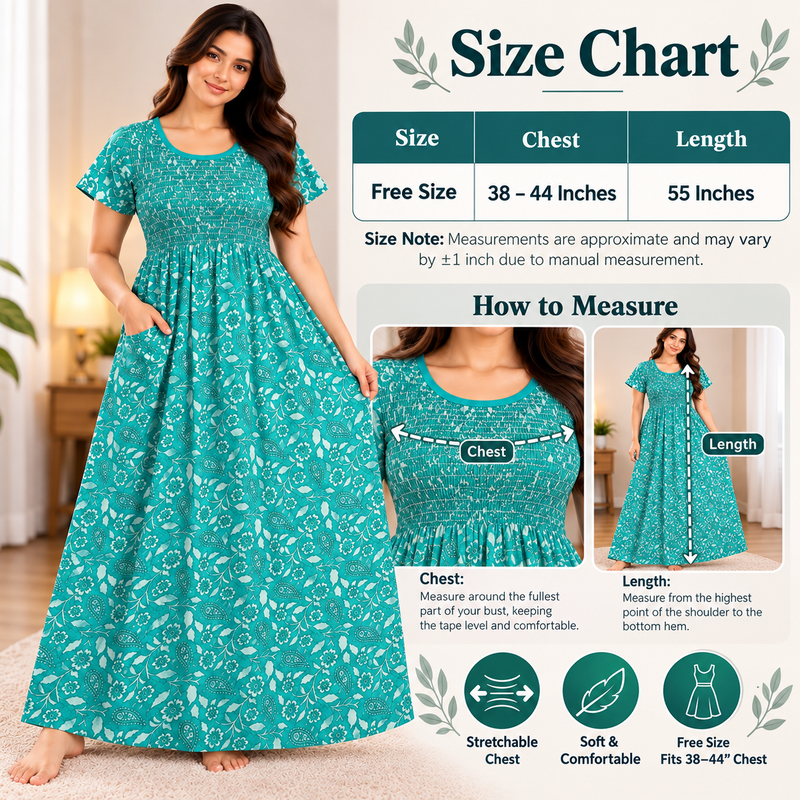 Teal Green Floral Printed Stretchable Women’s Nighty with One Side Pocket