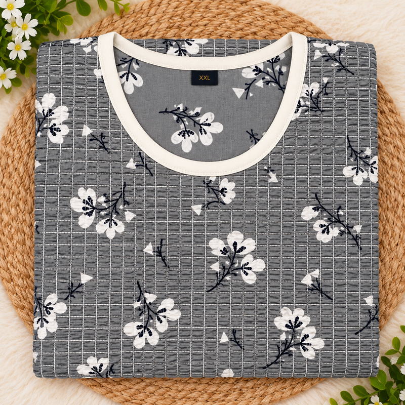 Grey Floral Printed Smocked Maxi Nighty for Women