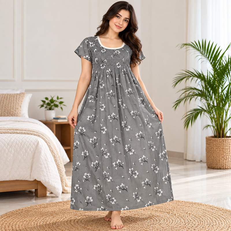 Grey Floral Printed Smocked Maxi Nighty for Women