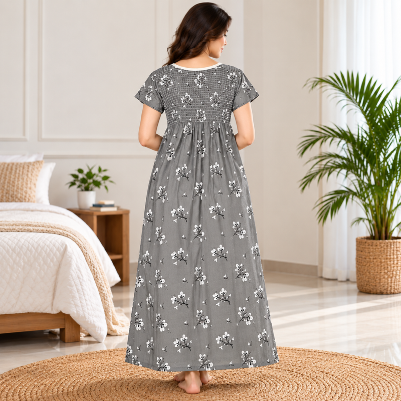 Grey Floral Printed Smocked Maxi Nighty for Women