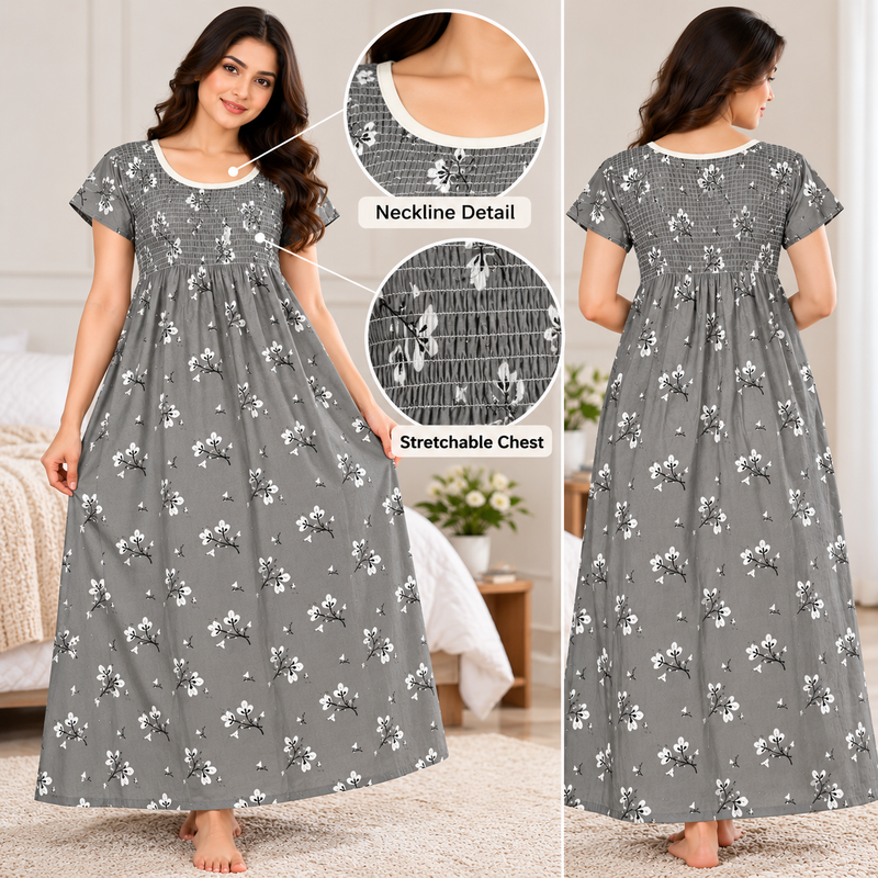 Grey Floral Printed Smocked Maxi Nighty for Women
