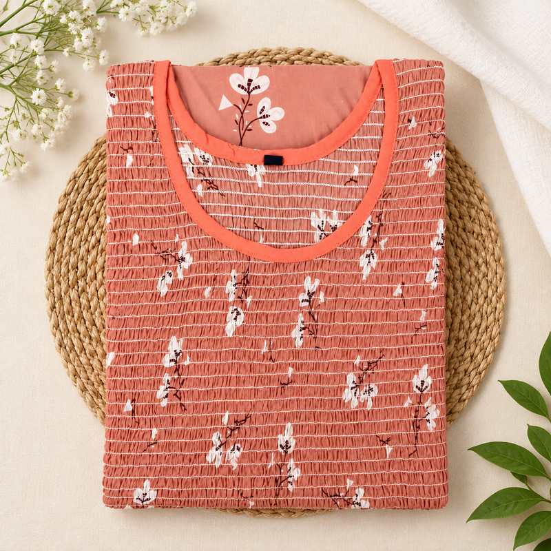 Peach Floral Printed Stretchable Women’s Nighty with One Side Pocket