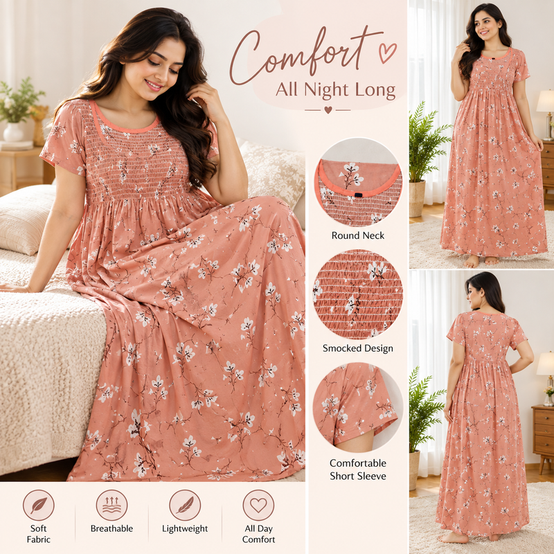Peach Floral Printed Stretchable Women’s Nighty with One Side Pocket