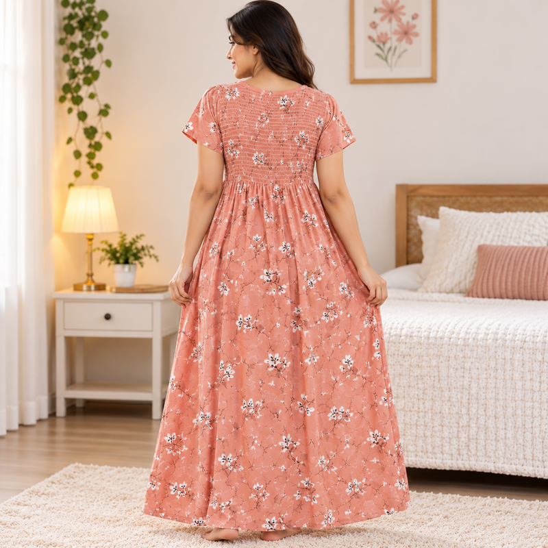 Peach Floral Printed Stretchable Women’s Nighty with One Side Pocket