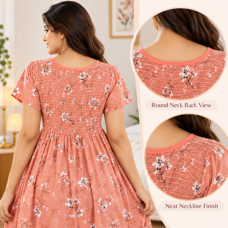 Peach Floral Printed Stretchable Women’s Nighty with One Side Pocket