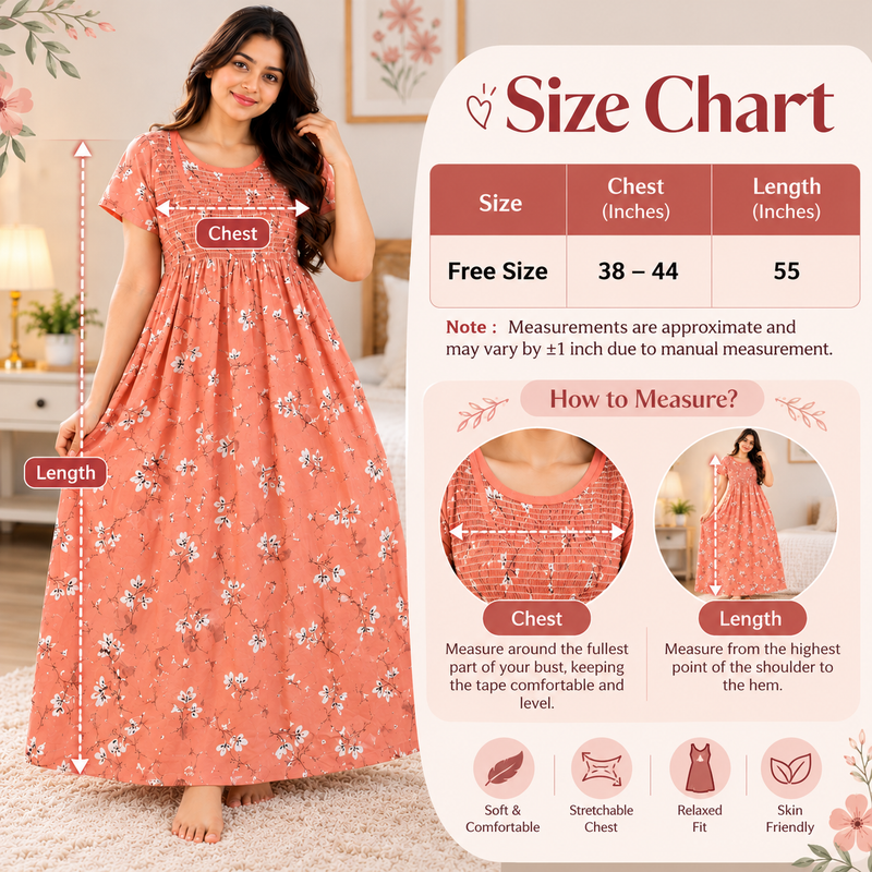 Peach Floral Printed Stretchable Women’s Nighty with One Side Pocket
