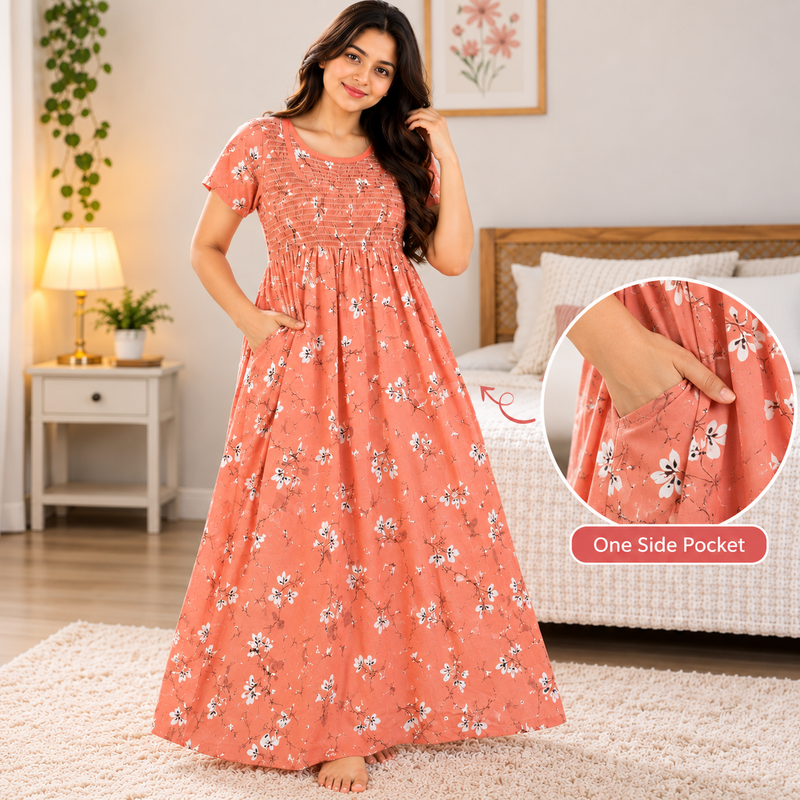 Peach Floral Printed Stretchable Women’s Nighty with One Side Pocket