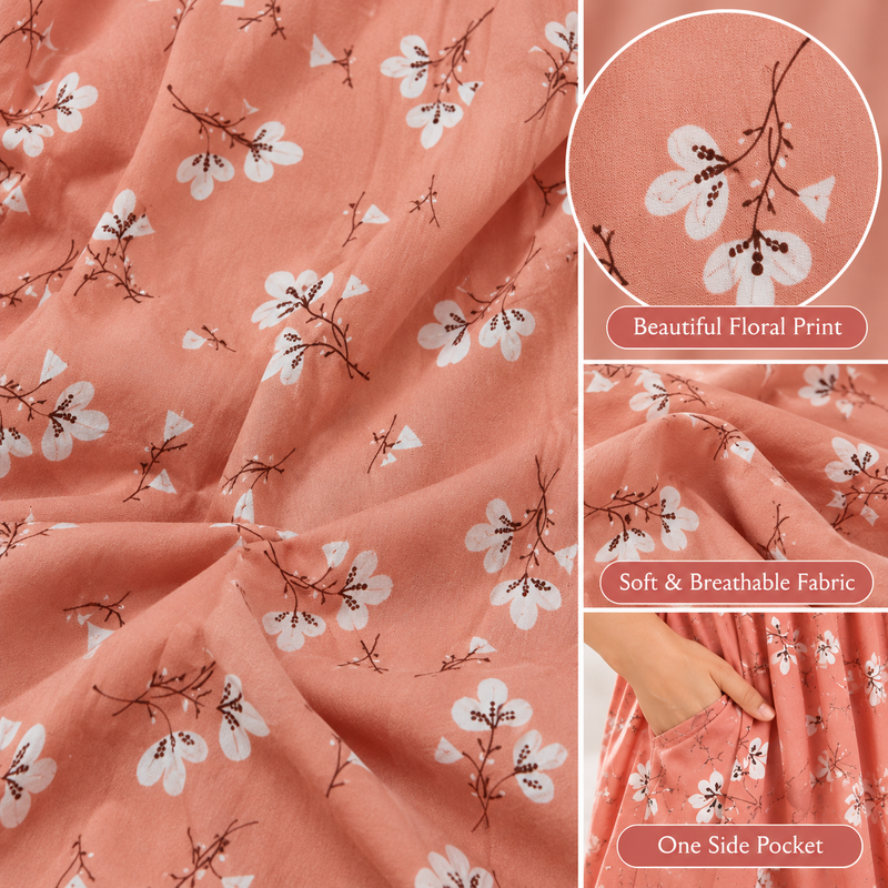 Peach Floral Printed Stretchable Women’s Nighty with One Side Pocket