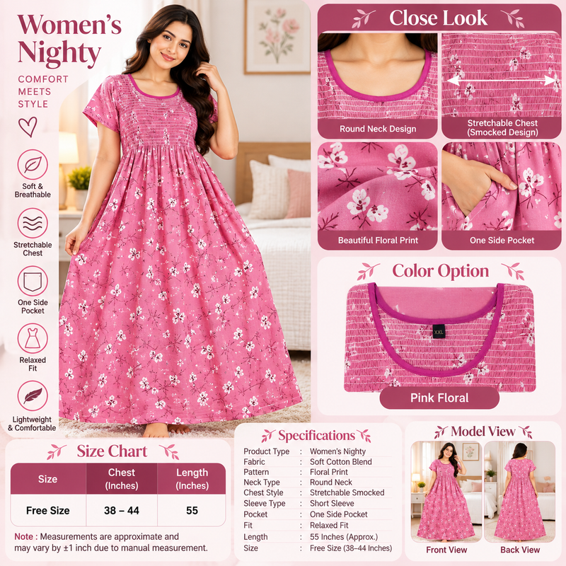 Pink Floral Printed Stretchable Women’s Nighty with One Side Pocket