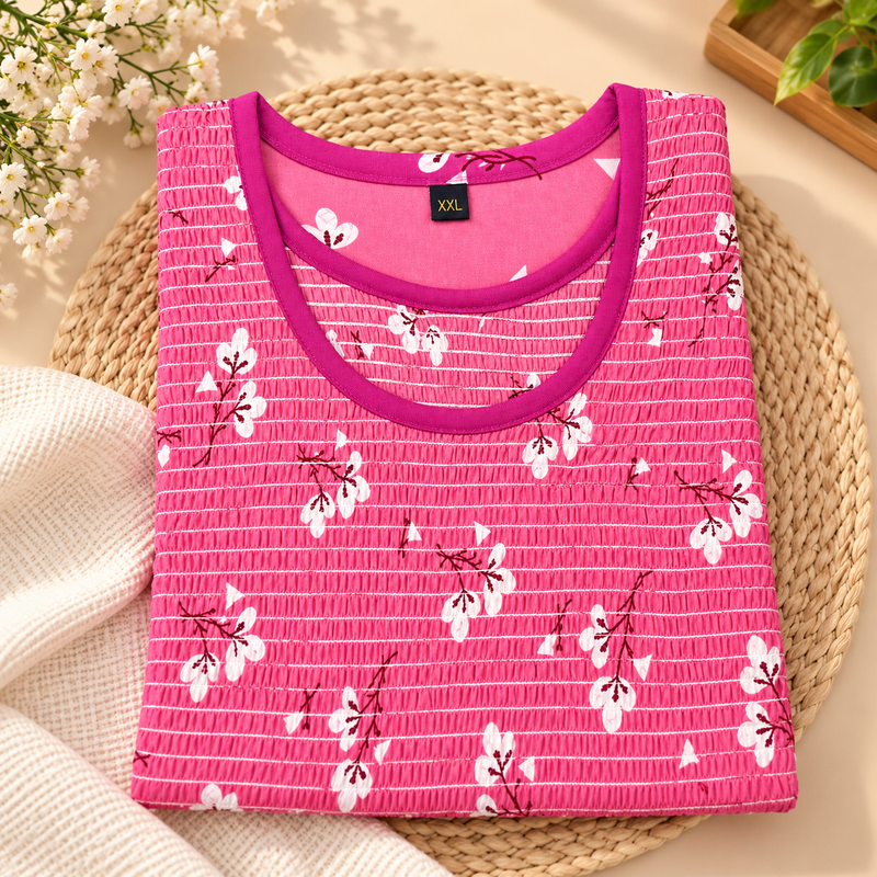 Pink Floral Printed Stretchable Women’s Nighty with One Side Pocket