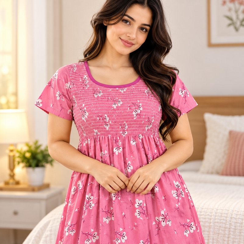 Pink Floral Printed Stretchable Women’s Nighty with One Side Pocket