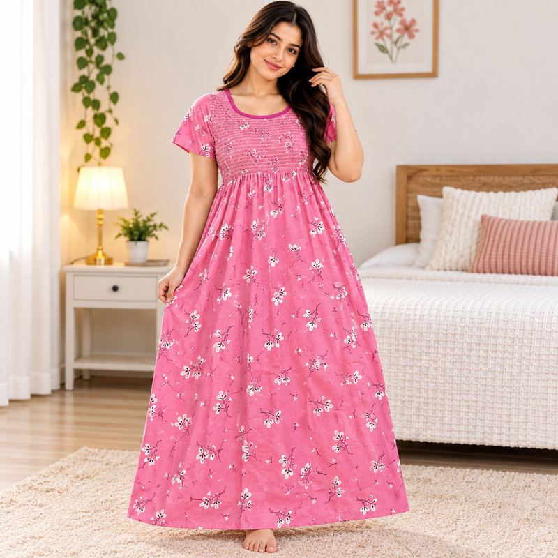 Pink Floral Printed Stretchable Women’s Nighty with One Side Pocket