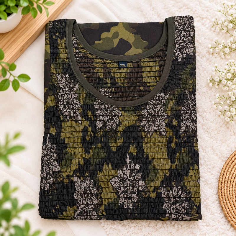 Women’s Olive Green Floral Camouflage Printed Stretchable Nighty with Round Neck
