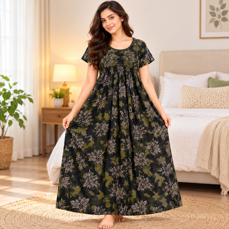Women’s Olive Green Floral Camouflage Printed Stretchable Nighty with Round Neck