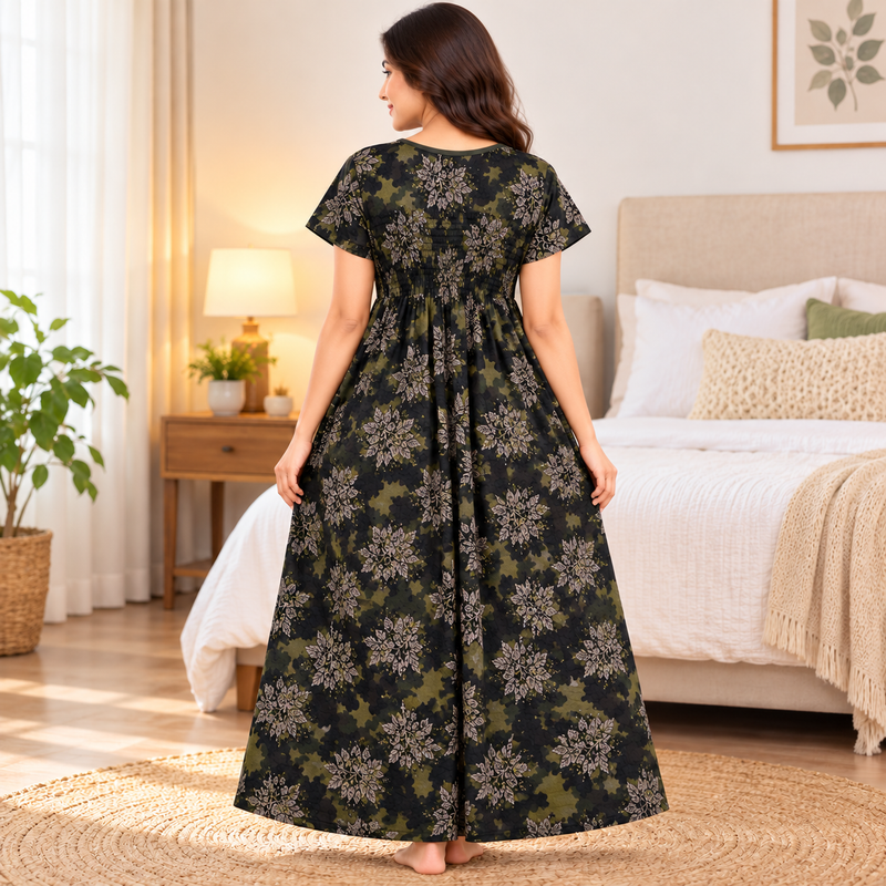 Women’s Olive Green Floral Camouflage Printed Stretchable Nighty with Round Neck