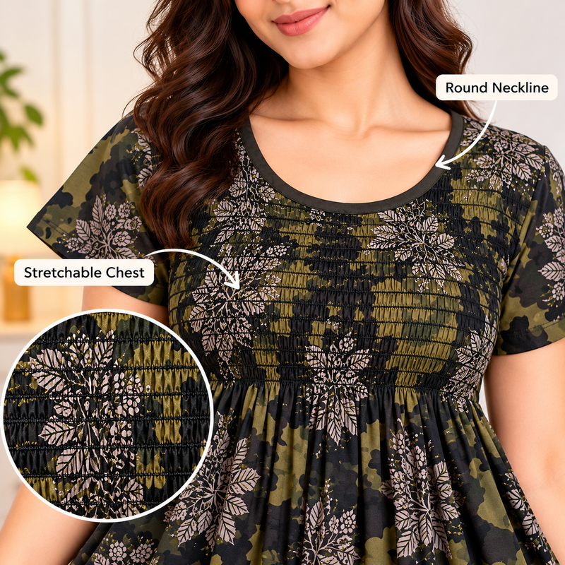 Women’s Olive Green Floral Camouflage Printed Stretchable Nighty with Round Neck