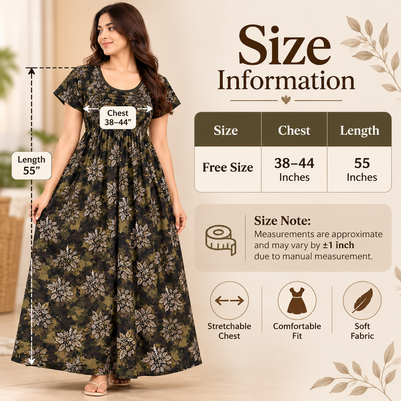 Women’s Olive Green Floral Camouflage Printed Stretchable Nighty with Round Neck