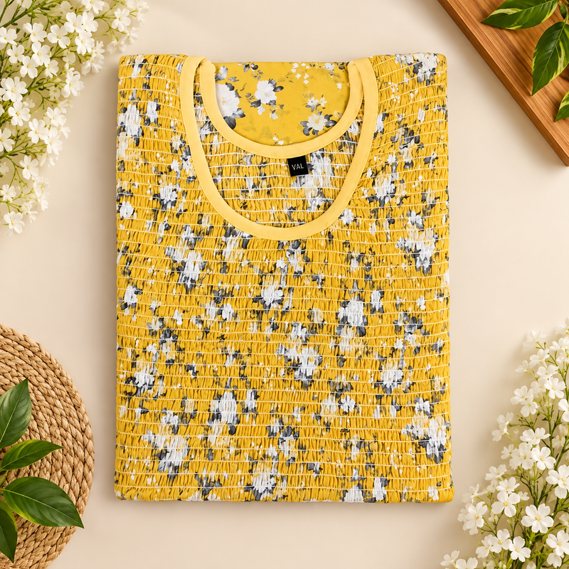 Yellow Floral Printed Stretchable Maxi Nighty – Free Size