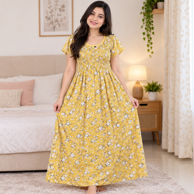 Yellow Floral Printed Stretchable Maxi Nighty – Free Size