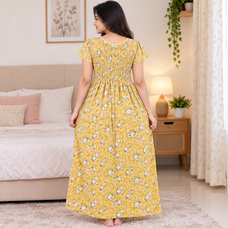 Yellow Floral Printed Stretchable Maxi Nighty – Free Size