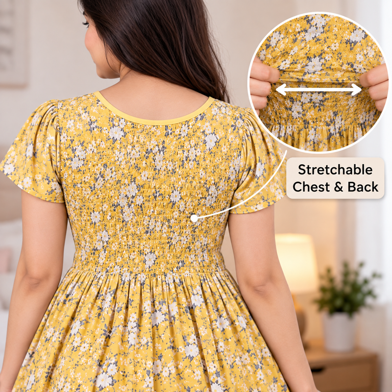 Yellow Floral Printed Stretchable Maxi Nighty – Free Size