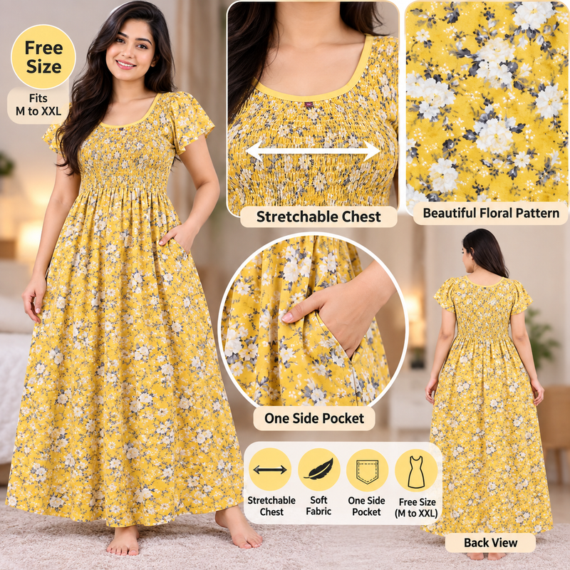 Yellow Floral Printed Stretchable Maxi Nighty – Free Size