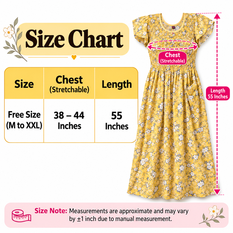 Yellow Floral Printed Stretchable Maxi Nighty – Free Size