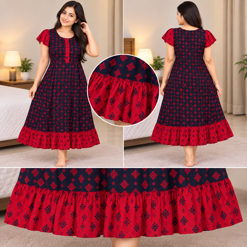 Luxmi Red & Navy Floral Printed Frock Nighty with Adjustable Back Rope