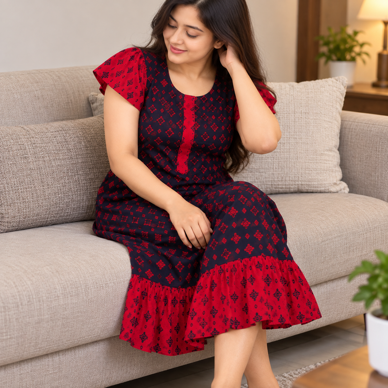 Luxmi Red & Navy Floral Printed Frock Nighty with Adjustable Back Rope