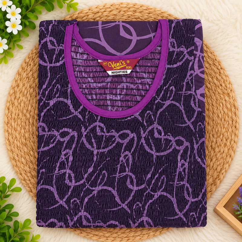 Veni’s Purple Abstract Printed Stretchable Chest Maxi Nighty for Women