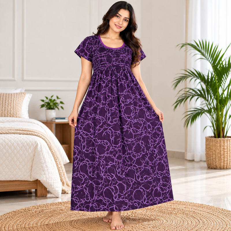 Veni’s Purple Abstract Printed Stretchable Chest Maxi Nighty for Women