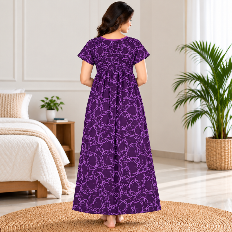 Veni’s Purple Abstract Printed Stretchable Chest Maxi Nighty for Women