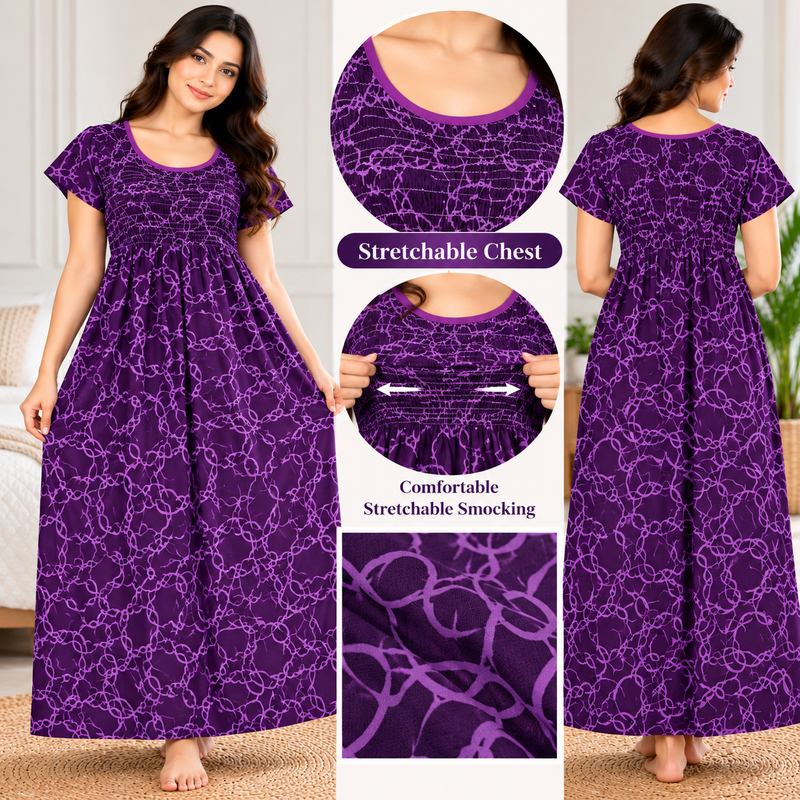 Veni’s Purple Abstract Printed Stretchable Chest Maxi Nighty for Women