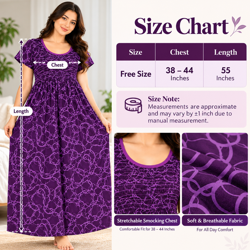 Veni’s Purple Abstract Printed Stretchable Chest Maxi Nighty for Women