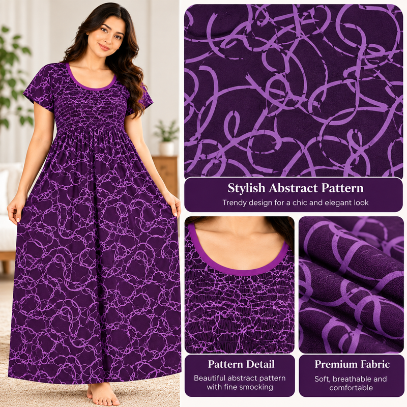 Veni’s Purple Abstract Printed Stretchable Chest Maxi Nighty for Women
