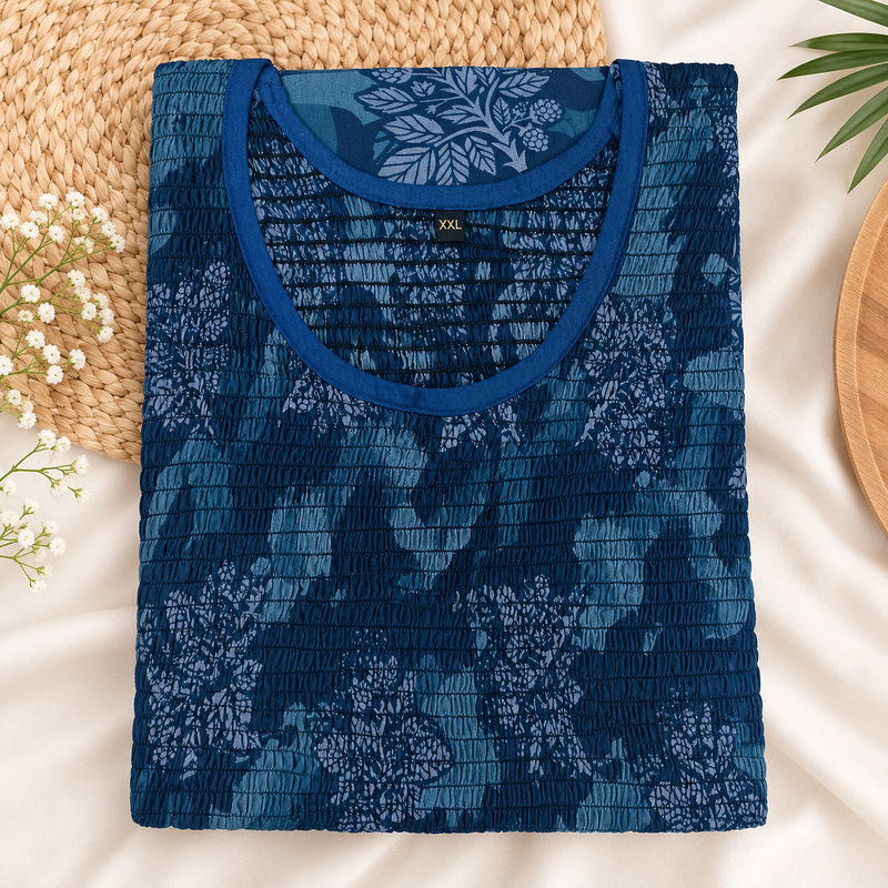 Women’s Navy Blue Floral Printed Stretchable Nighty with One Side Pocket