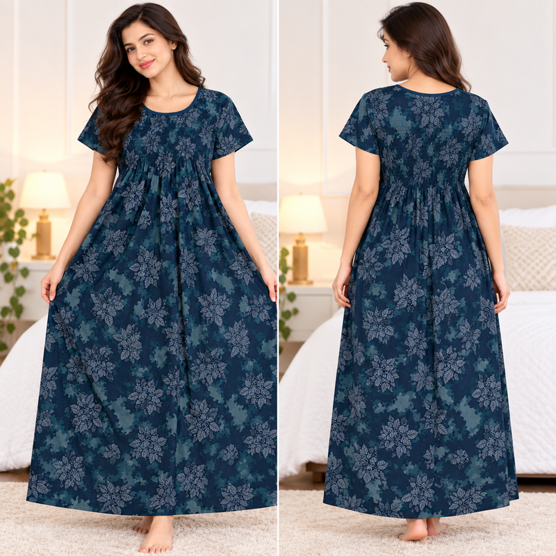 Women’s Navy Blue Floral Printed Stretchable Nighty with One Side Pocket