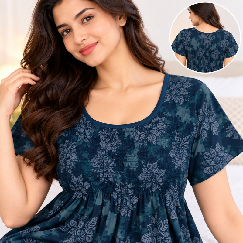 Women’s Navy Blue Floral Printed Stretchable Nighty with One Side Pocket