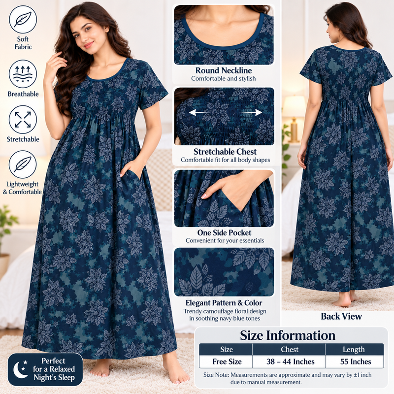 Women’s Navy Blue Floral Printed Stretchable Nighty with One Side Pocket