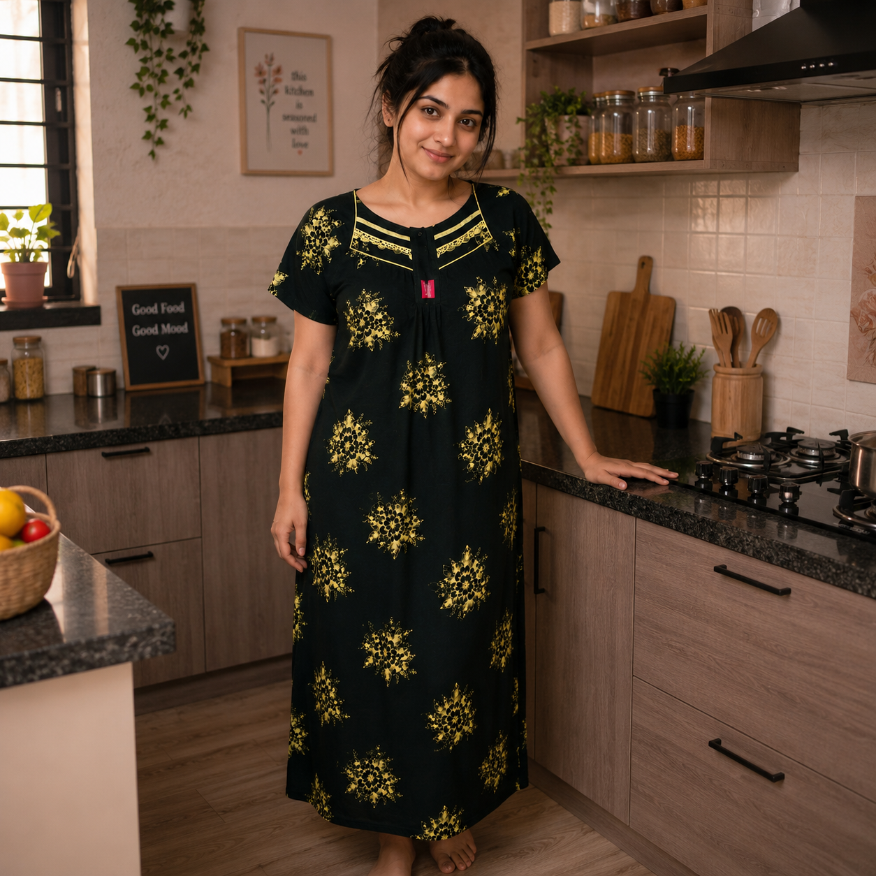 Dark Green background yellow floral pattern Nighty
