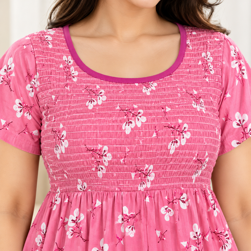 Pink Floral Printed Stretchable Women’s Nighty with One Side Pocket
